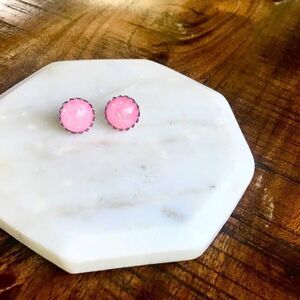 Silver Light Pink Earrings Cabochon Stainless Round Stud Jewelry Women NEW